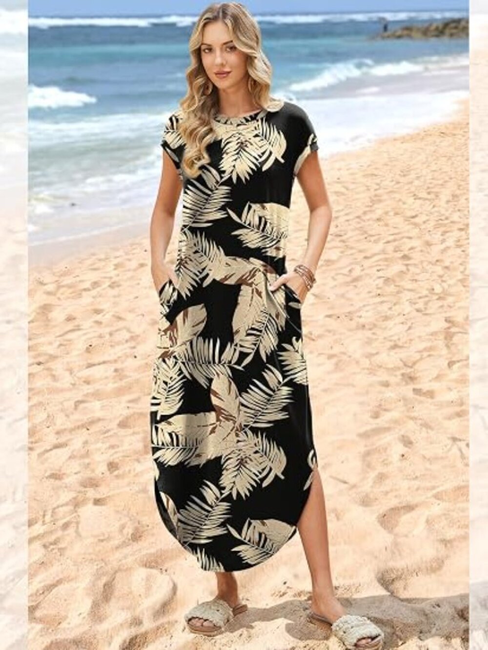 Summer Dresses Cap Sleeve Crewneck Maxi Long Casual Dress with Pockets Beach Vac